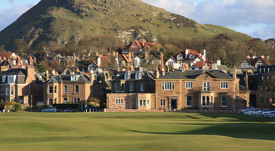 A picturesque view of the North Berwick clubhouse with the town in the background