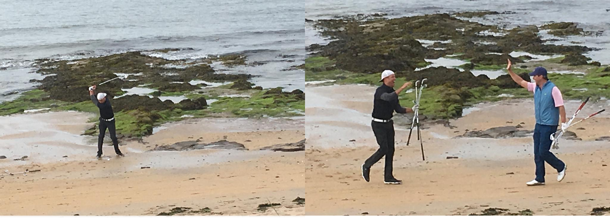 A golfer recovers after landing on the beach next to North Berwick