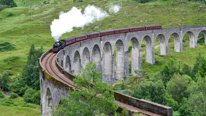 The glenfinnan viaduct with a train running over it