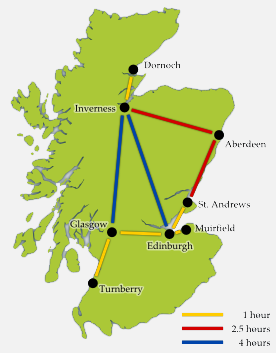 Map of Scotland with driving times